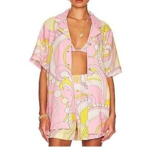 NWOT Cin Cin - Troppo Button Front Shirt in Cirque Pink Yellow Gold - Size S